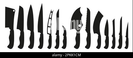 Set coltelli da cucina neri Vector. Silhouette coltelli professionali da cucina per il taglio di carne e verdura. Illustrazione Vettoriale