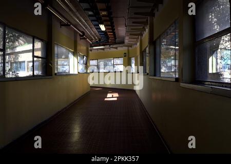 Corridoio con finestre e tubi sulla sommità durante il giorno Foto Stock