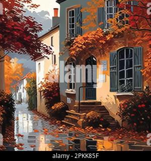 Autunno natura, villaggio, paese, paesaggi della città. Illustrazione vettoriale di fondo naturale, urbano e rustico per poster, banner, biglietti, brochure o. Illustrazione Vettoriale
