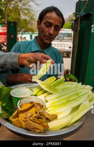 Venditore di cetrioli di strada a Munch, Uttarakhand, India Foto Stock