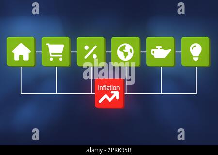 Economia mondiale e concetto di illustrazione di controllo di inflazione. Crisi economica che influisce sulla crescita mondiale. Foto Stock