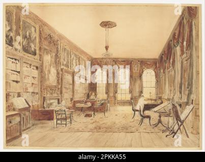 L'interno della Biblioteca a Cassiobury prima del 1816 di Augusto Carlo Pugin Foto Stock