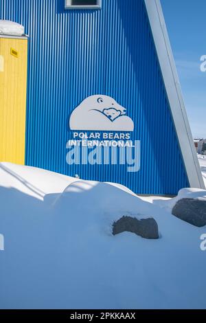 Polar Bears International segno nel centro di Churchill, Manitoba, Canada Foto Stock