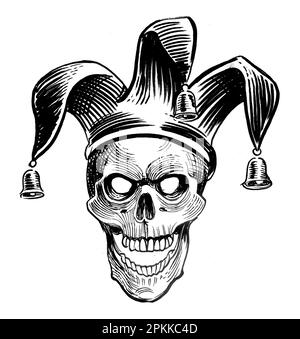 Cranio malvagio nel cappello di Jester. Disegno in bianco e nero a inchiostro Foto Stock