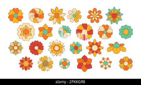 Fiori di hippie lineari. Doodle groovy fiore icone, sessanta fiori di potere simboli, astratto contorno colorato fiori simboli. Raccolta vettoriale. Diversi elementi floreali, vivace fiore isolato set Illustrazione Vettoriale
