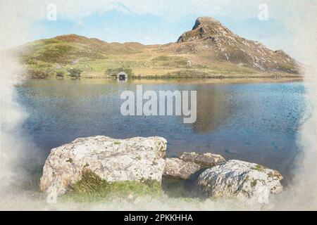 Pared y Cefn-Hir montagna, e Cregennan laghi pittura digitale acquerello durante l'autunno nel Parco Nazionale Snowdonia, Dolgellau, Galles, Regno Unito. Foto Stock