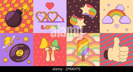 Hippie poster quadrati. Estate groovy psichedelic arte di fondo decorativa per flyer o banner design, 1970s colorato stile hippie retrò. Vettore set con arcobaleno, stelle, nuvole, bomba Illustrazione Vettoriale