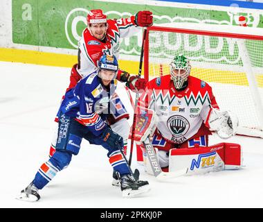 VŠxjš, Svezia, 8 aprile, 2023 Semifinale 5 Vaxjo Lakers - Frolunda HC Vaxjo Lakers vince la partita per 3-2 Credit: PEO Mšller/Alamy Live News Foto Stock