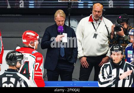 VŠxjš, Svezia, 8 aprile, 2023 Semifinale 5 Vaxjo Lakers - Frolunda HC Vaxjo Lakers vince la partita per 3-2 Credit: PEO Mšller/Alamy Live News Foto Stock