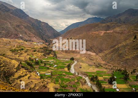 Campi agricoli nelle Ande, vicino Pitumarca, Cusco, Perù, Sud America Foto Stock