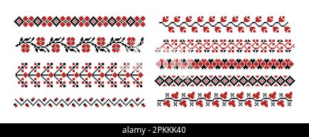 Ricamo tradizionale ucraino. Confine popolare ucraino, elementi etnici slavo retrò agugliati, motivo decorativo ripetizione. Set ornamentale vettoriale. Motivo patriottico, elegante lavoro ad ago Illustrazione Vettoriale