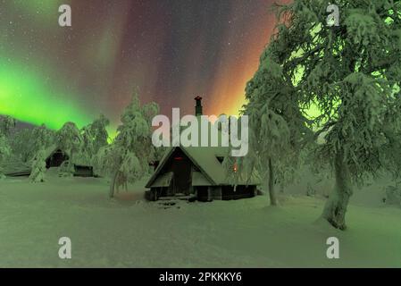 Capanne nel bosco innevato sotto l'aurora boreale (Aurora borealis), Parco Nazionale Pallas-Yllastunturi, Muonio, Lapponia, Finlandia, Europa Foto Stock