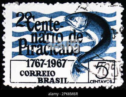 MOSCA, RUSSIA - 26 MARZO 2023: Francobollo stampato in Brasile mostra Piracicaba, circa 1967 Foto Stock