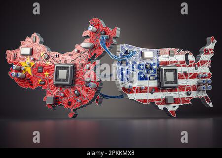 Concetto di guerra tra Stati Uniti e Cina. Chip di computer in dalla Cina e USA mappa in colori di bandiere. illustrazione 3d Foto Stock