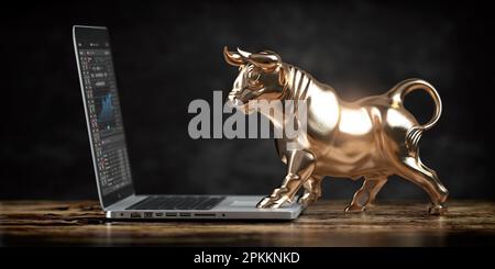 Mercato dei tori. golden bull di fronte al computer portatile con grafici. Investimento finanziario e concetto di trading. illustrazione 3d Foto Stock