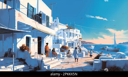 Illustrazione di bella vista dell'isola di Mykonos, Grecia Foto Stock