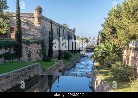 Vista generale del parco di SA Riera, nella città di Palma de Mallorca all'alba, Spagna Foto Stock