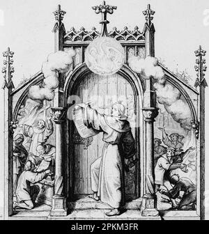 Lutero ungeva le sue novantacinque Tesi alla porta della Chiesa di tutti i Santi a Wittenberg il 31 ottobre 1517, illustrazione storica 1851 Foto Stock