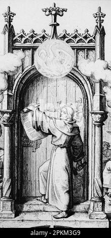 Lutero ungeva le sue novantacinque Tesi alla porta della Chiesa di tutti i Santi a Wittenberg il 31 ottobre 1517, illustrazione storica 1851 Foto Stock