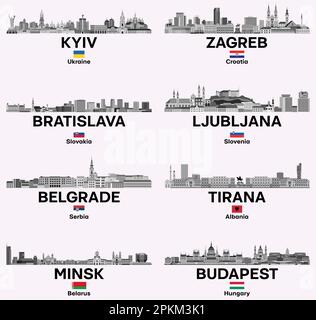 Europa orientale città skyline in scala di grigi tavolozza di colori set di vettori Illustrazione Vettoriale