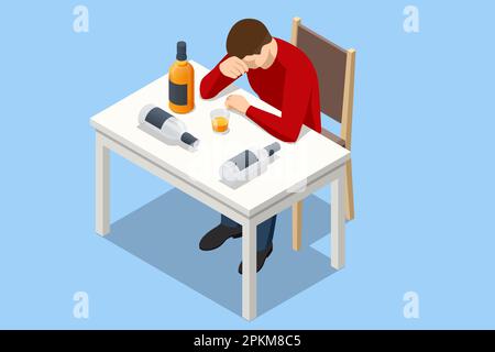 Concetto di dipendenza isometrica da alcol. Uomo depresso affetto da alcolismo Illustrazione Vettoriale
