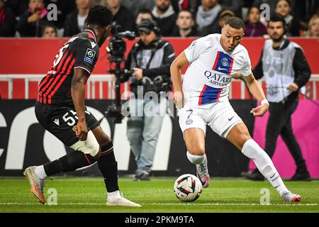 Nizza, Francia. 08th Apr, 2023. Kylian MBAPPE di PSG durante il campionato francese Ligue 1 partita di calcio tra OGC Nizza e Parigi Saint-Germain il 8 aprile 2023 alla Riviera Allianz di Nizza, Francia - Foto Matthieu Mirville/DPPI Credit: DPPI Media/Alamy Live News Foto Stock