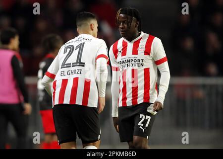 EINDHOVEN - (lr) Anwar El Ghazi del PSV Eindhoven, Johan Bakayoko del PSV Eindhoven durante la partita di campionato olandese tra PSV Eindhoven e Excelsior allo stadio Phillips il 8 aprile 2023 a Eindhoven, Paesi Bassi. ANP BART STOUTJESDYK Foto Stock