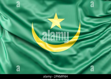 Bandiera ruffled di Mauritania. Rendering 3D Foto Stock