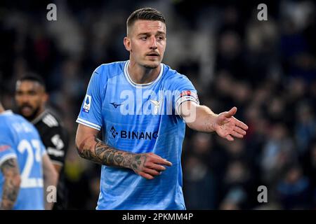 Roma, Italia. 08th Apr, 2023. Sergej Milinkovic Savic della SS Lazio gesta durante la Serie A una partita di calcio tra SS Lazio e Juventus FC allo stadio Olimpico di Roma, 8th aprile 2023. Credit: Insidefoto di andrea staccioli/Alamy Live News Foto Stock