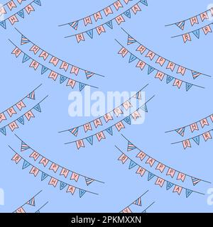 Buon compleanno modello. Sfondo vettoriale senza cuciture con bday divertente doodle bandiere ghirlanda. Illustrazione di ripetizione colorata disegnata a mano Illustrazione Vettoriale