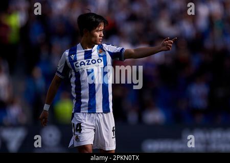 San Sebastian, Spagna. 8th Apr 2023. SAN SEBASTIAN, SPAGNA - 08 APRILE: Takefusa Kubo della Real Sociedad reagisce durante la partita la Liga Santander tra Real Sociedad e Getafe CF alla reale Arena il 8 aprile 2023, a San Sebastian, Spagna. Credit: Ricardo Larreina/AFLO/Alamy Live News Foto Stock