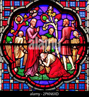 Vetrata, Boaz incontra Ruth nel campo di mais, di William Wailes, 1849, Ely Cathedral, Cambridgeshire, Inghilterra, Regno Unito Foto Stock