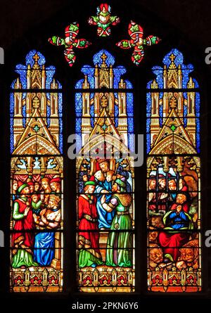 Vetrata, Storia di Daniele, con re Dario, e nel Lions Den, di Lusson di Parigi, Ely Cattedrale, metà del 19th ° secolo. Foto Stock