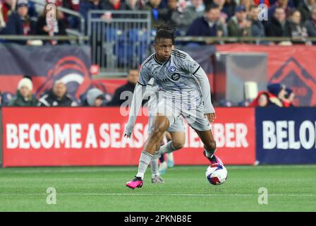 8 aprile 2023; Foxborough, ma, USA; CF MontrŽal avanti Chinonso Offor (9) in azione durante una partita MLS tra CF Montreal e New England Revolution. Anthony Nesmith/CSM Foto Stock