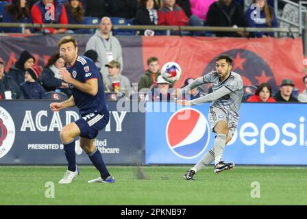 8 aprile 2023; Foxborough, ma, USA; CF MontrŽal centrocampista Mathieu Choinire (29) in azione durante una partita MLS tra CF Montreal e New England Revolution. Anthony Nesmith/CSM Foto Stock