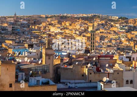Vista sulle case della città vecchia e medina di Fez, Marocco Foto Stock