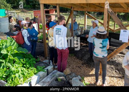 Sulyn Lam di Sulyn's Garden che dà consigli ai giardinieri in una giornata di giardino aperto per l'annuale Hobart Home Harvest festival, 19 marzo 2023 Foto Stock