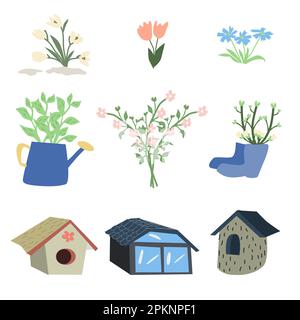 Set di articoli primavera colorati di fiori, birdhouse Illustrazione Vettoriale