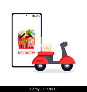 Shopping online, consegna di cibo. Icone per esprimere, consegna a casa. Bicicletta con sacchetto di carta. App mobile carrello della spesa, vegan, verdura, frutta. Illustrazione vettoriale Illustrazione Vettoriale