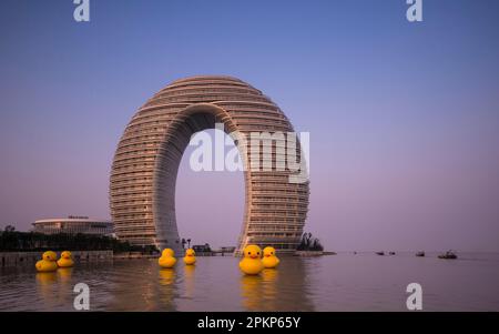 Sheraton Hot Spring Resort, anatre di gomma sul fronte, Taihu Lake, Huzhou, Zhejiang, Cina, Asia Foto Stock