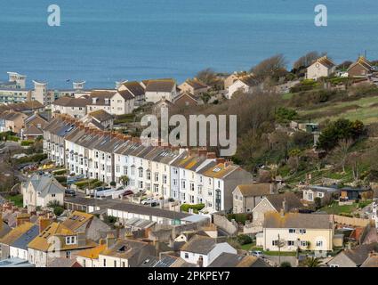 Vista sulla collina della parte settentrionale dell'isola di Portland, Dorset, Inghilterra Foto Stock