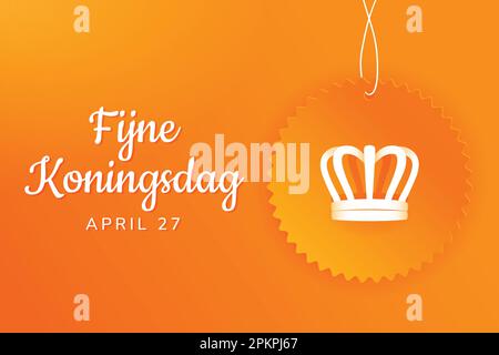 Illustrazione del vettore Fijne Koningsdag. Happy King's Day 27 aprile. Adesivo sospeso design poster orizzontale. Amsterdam Olanda arte celebrazione olandese Illustrazione Vettoriale