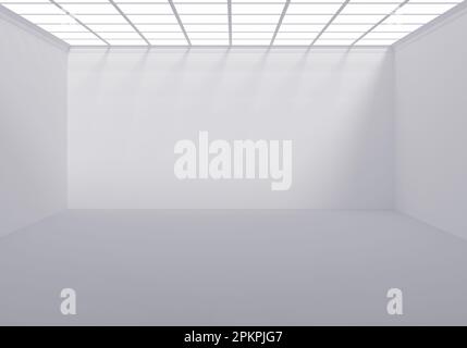 Tetto con luci su futuristica mostra stanza vuota su sfondo bianco. Rendering 3D. Foto Stock