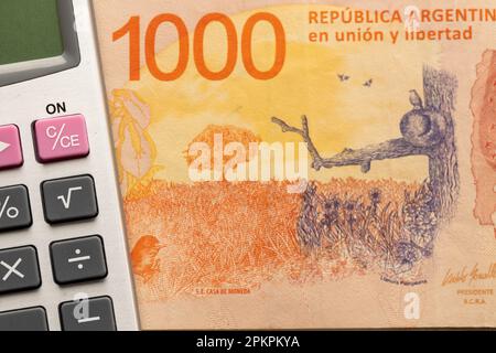 Denaro argentino, mille pesos argentini banconota e calcolatrice, calcolo finanziario concetto, primo piano, piatto Foto Stock