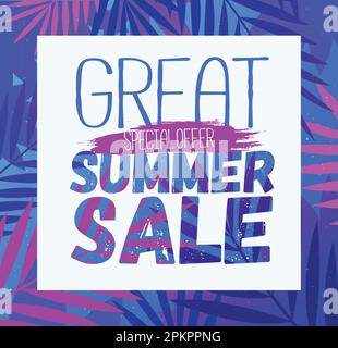 Poster del modello di Vendita estiva, illustrazione vettoriale. Design del banner. Poster estivo vettoriale con disegno a foglia di palmo per stampa o web. Illustrazione Vettoriale