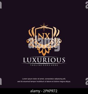 NX lettera iniziale decorativo oro monogramma logo vettore modello. Illustrazione Vettoriale