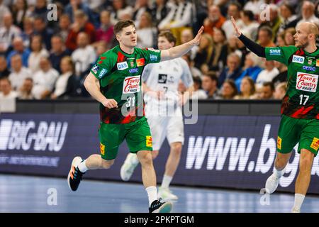 Kiel, Germania. 09th Apr, 2023. Pallamano: Bundesliga, THW Kiel - SC Magdeburg, giorno 26, Wunderino Arena. Il Kay Smits di Magdeburg festeggia dopo aver segnato un gol. Credit: Frank Molter/dpa/Alamy Live News Foto Stock