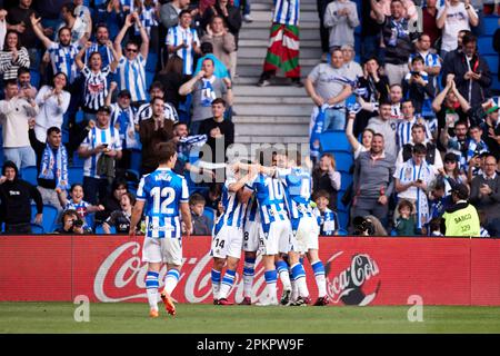 Takefusa Kubo della Real Sociedad reagisce dopo aver segnato il gol durante il campionato spagnolo la Liga calcio match tra Real Sociedad e Getafe CF il 8 aprile 2023 alla reale Arena di San Sebastian, Spagna - Foto: Ricardo Larreina/DPPI/LiveMedia Foto Stock