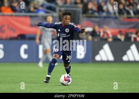 8 aprile 2023; Foxborough, ma, USA; New England Revolution Forward Latif Benedizione (19) in azione durante un incontro MLS tra CF Montreal e New England Revolution. Anthony Nesmith/CSM Foto Stock