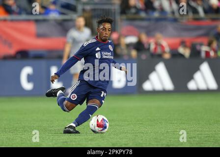 8 aprile 2023; Foxborough, ma, USA; New England Revolution Forward Latif Benedizione (19) in azione durante un incontro MLS tra CF Montreal e New England Revolution. Anthony Nesmith/CSM Foto Stock